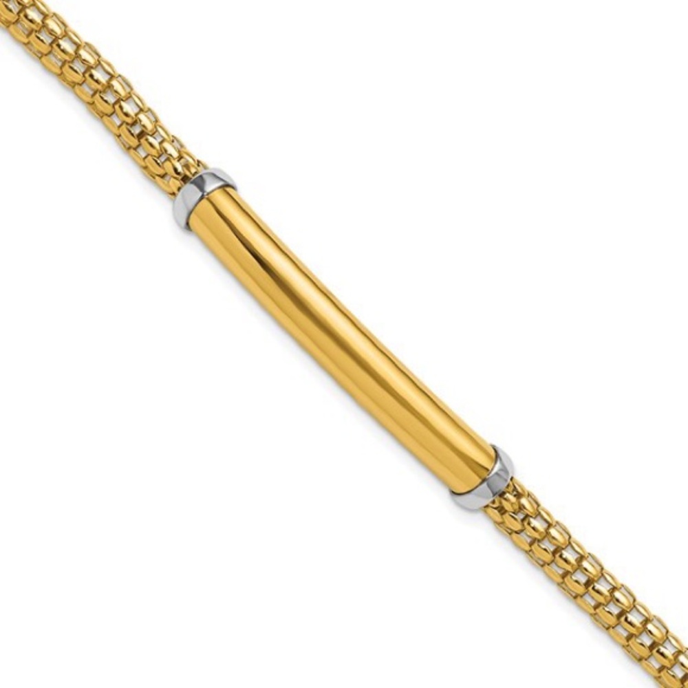 14K Two-tone Polished Popcorn Mesh Bar 7.5 inch Bracelet - Picture 2 of 10